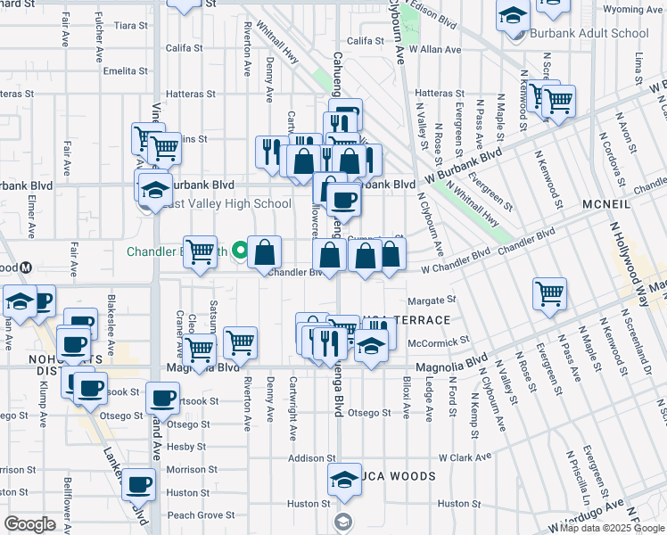 map of restaurants, bars, coffee shops, grocery stores, and more near 5333 Cahuenga Boulevard in Los Angeles