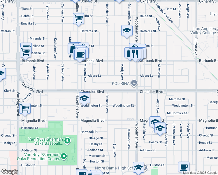 map of restaurants, bars, coffee shops, grocery stores, and more near 13859 Chandler Boulevard in Los Angeles