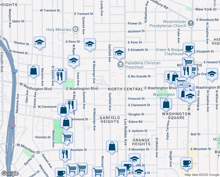map of restaurants, bars, coffee shops, grocery stores, and more near E Washington Blvd & N Garfield Ave in Pasadena