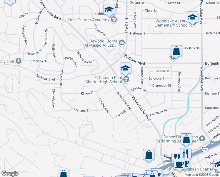 map of restaurants, bars, coffee shops, grocery stores, and more near 23811 Albers Street in Los Angeles