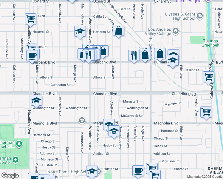 map of restaurants, bars, coffee shops, grocery stores, and more near 13541 Chandler Boulevard in Los Angeles