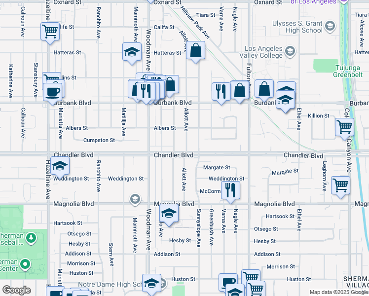 map of restaurants, bars, coffee shops, grocery stores, and more near 13541 Chandler Boulevard in Los Angeles