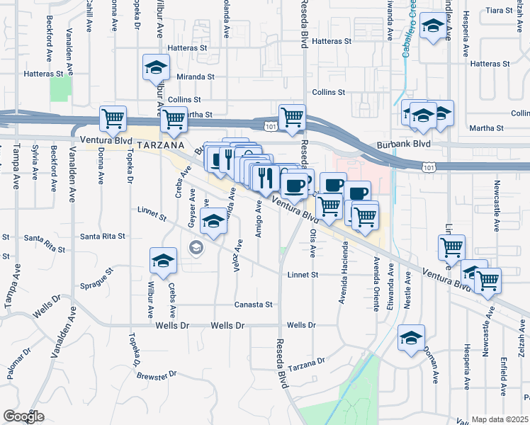 map of restaurants, bars, coffee shops, grocery stores, and more near 5430 Amigo Avenue in Los Angeles