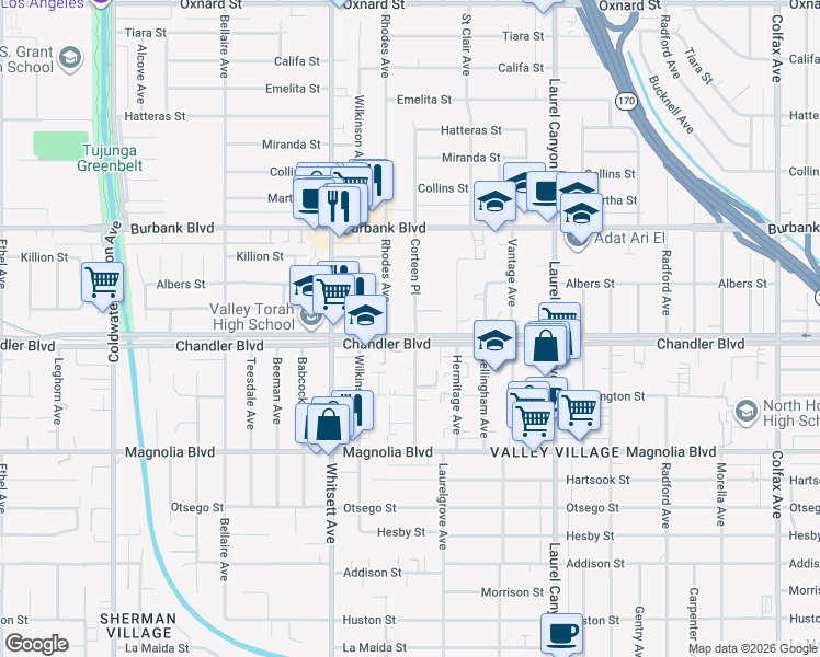 map of restaurants, bars, coffee shops, grocery stores, and more near in Los Angeles