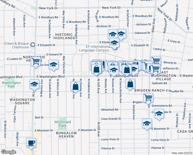 map of restaurants, bars, coffee shops, grocery stores, and more near in Pasadena
