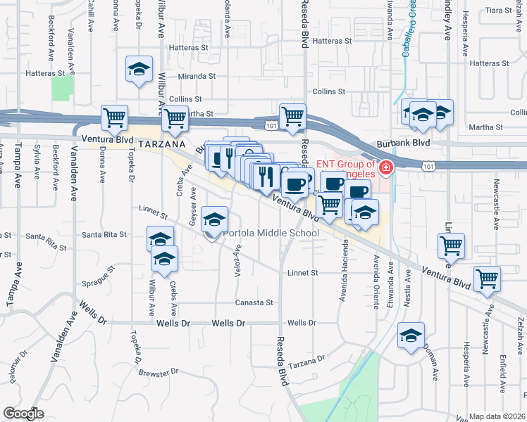 map of restaurants, bars, coffee shops, grocery stores, and more near 5430 Amigo Avenue in Los Angeles