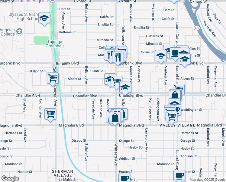 map of restaurants, bars, coffee shops, grocery stores, and more near 12501 Chandler Boulevard in Los Angeles