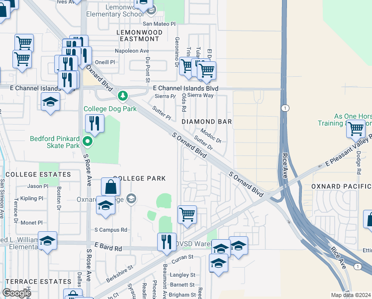 map of restaurants, bars, coffee shops, grocery stores, and more near 3450 Olds Road in Oxnard