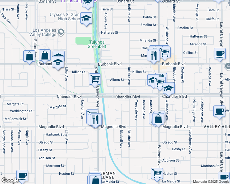 map of restaurants, bars, coffee shops, grocery stores, and more near 12769 Chandler Boulevard in Los Angeles
