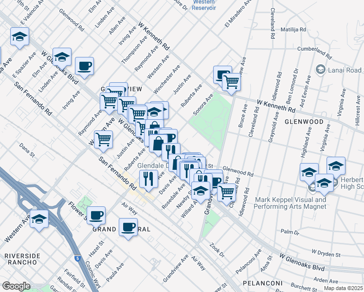 map of restaurants, bars, coffee shops, grocery stores, and more near 1416 5th Street in Glendale