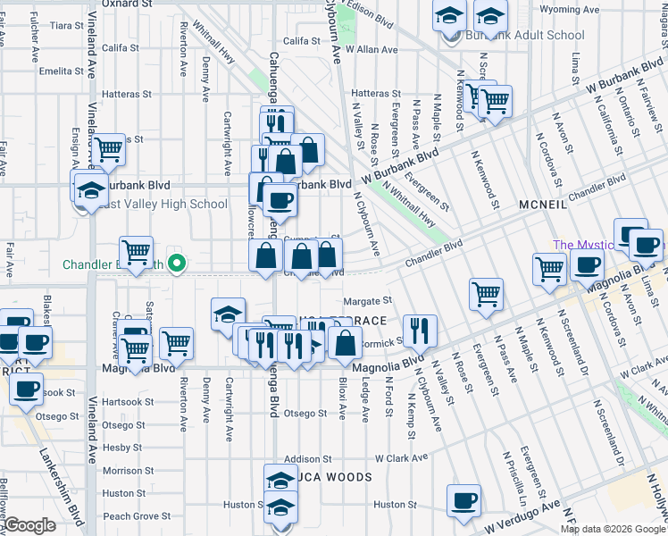 map of restaurants, bars, coffee shops, grocery stores, and more near 10455 Chandler Boulevard in Los Angeles