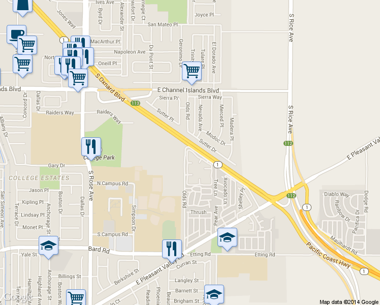 map of restaurants, bars, coffee shops, grocery stores, and more near 3450 Olds Road in Oxnard