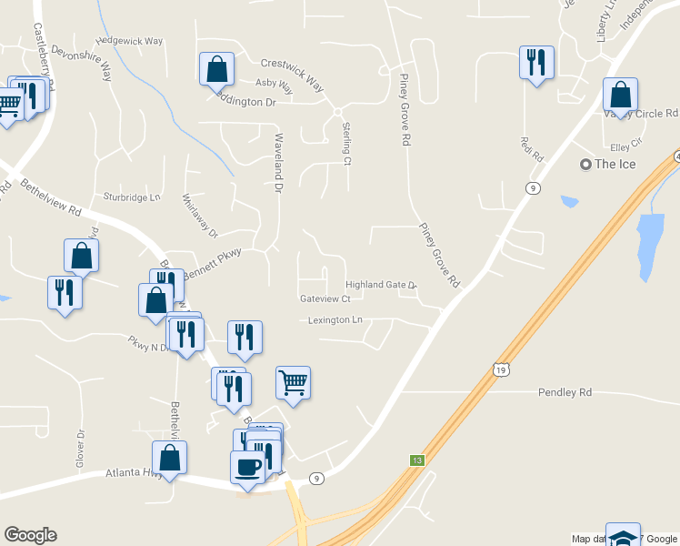 map of restaurants, bars, coffee shops, grocery stores, and more near 2545 Gatewater Court in Cumming