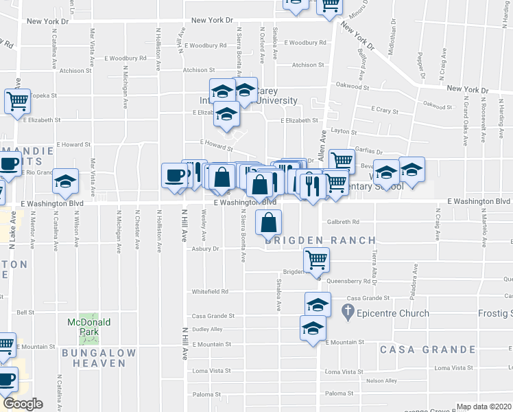 map of restaurants, bars, coffee shops, grocery stores, and more near 1308 North Sierra Bonita Avenue in Pasadena