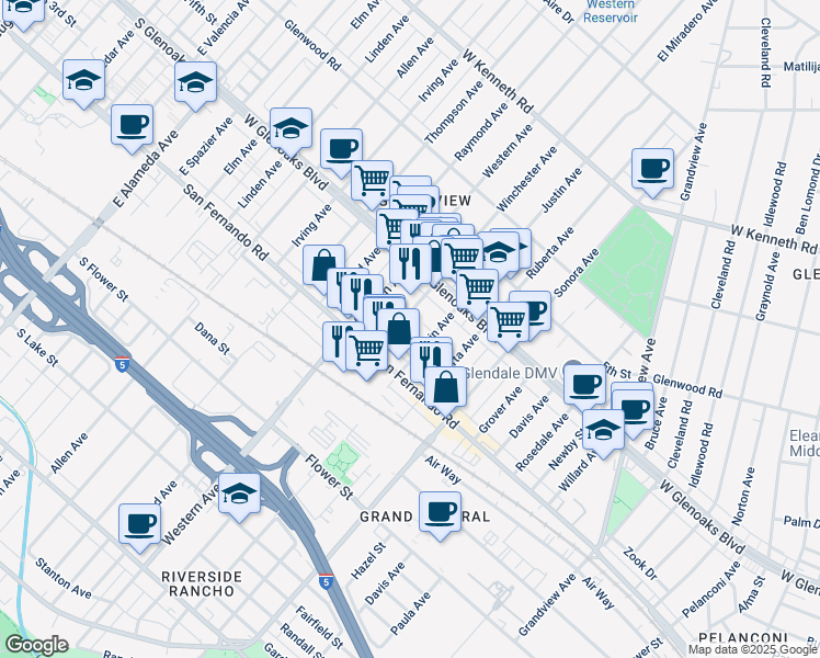 map of restaurants, bars, coffee shops, grocery stores, and more near 1016 Winchester Avenue in Glendale