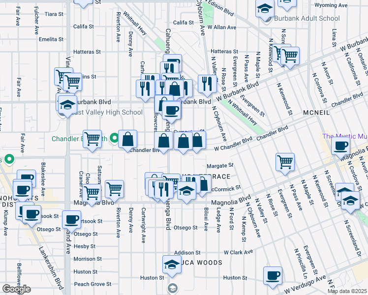 map of restaurants, bars, coffee shops, grocery stores, and more near 5361 Auckland Avenue in Los Angeles