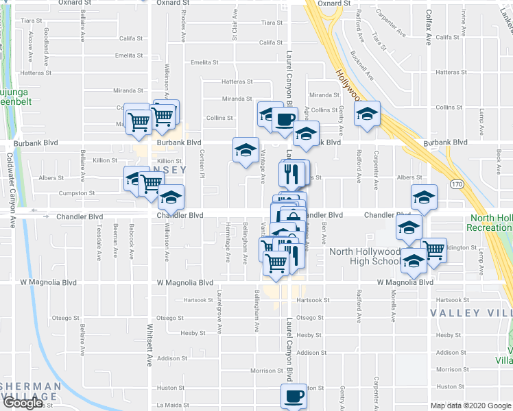 map of restaurants, bars, coffee shops, grocery stores, and more near 12151 Chandler Boulevard in Los Angeles