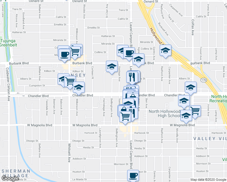 map of restaurants, bars, coffee shops, grocery stores, and more near 12227 Chandler Boulevard in Los Angeles
