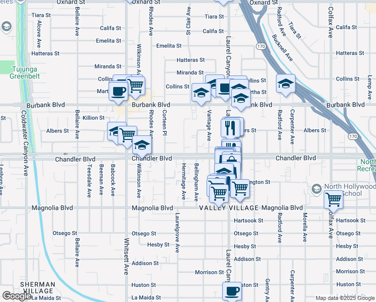 map of restaurants, bars, coffee shops, grocery stores, and more near 12227 Chandler Boulevard in Los Angeles