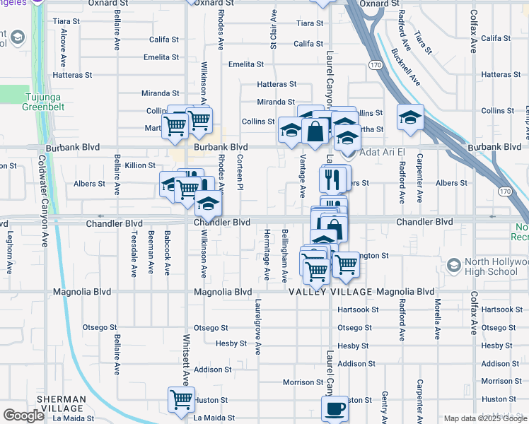 map of restaurants, bars, coffee shops, grocery stores, and more near 12310 Chandler Boulevard in Los Angeles