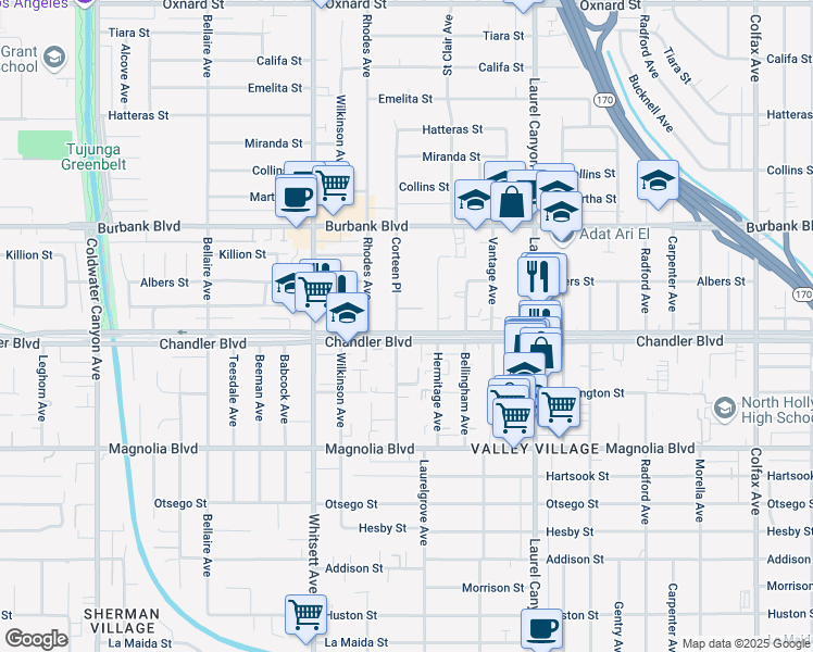 map of restaurants, bars, coffee shops, grocery stores, and more near 12310 Chandler Boulevard in Los Angeles
