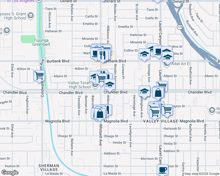 map of restaurants, bars, coffee shops, grocery stores, and more near 12419 Chandler Boulevard in Los Angeles