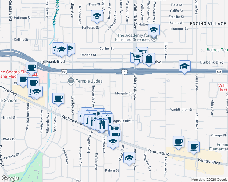 map of restaurants, bars, coffee shops, grocery stores, and more near 5353 Yarmouth Avenue in Los Angeles