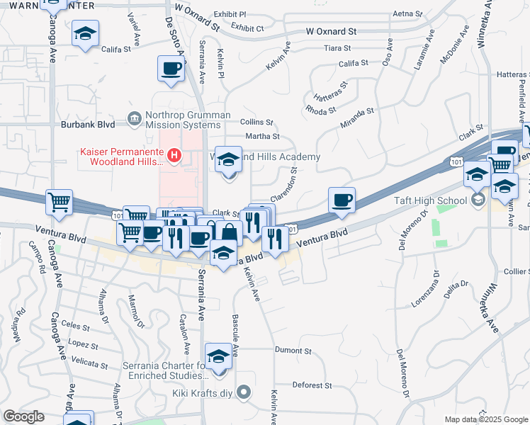 map of restaurants, bars, coffee shops, grocery stores, and more near 20740 Clark Street in Los Angeles