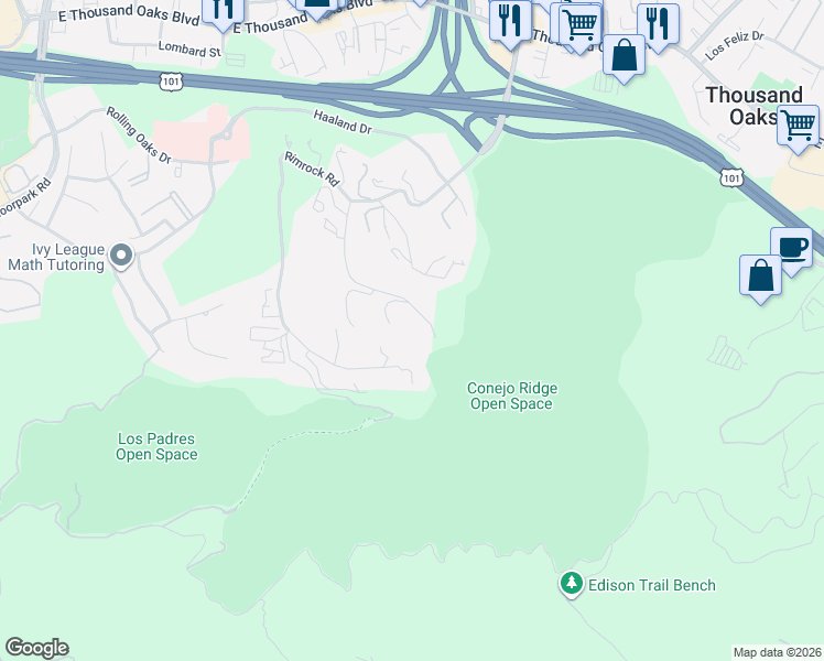 map of restaurants, bars, coffee shops, grocery stores, and more near 271 Sundown Road in Thousand Oaks