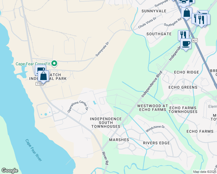 map of restaurants, bars, coffee shops, grocery stores, and more near 3664 Echo Farms Boulevard in Wilmington