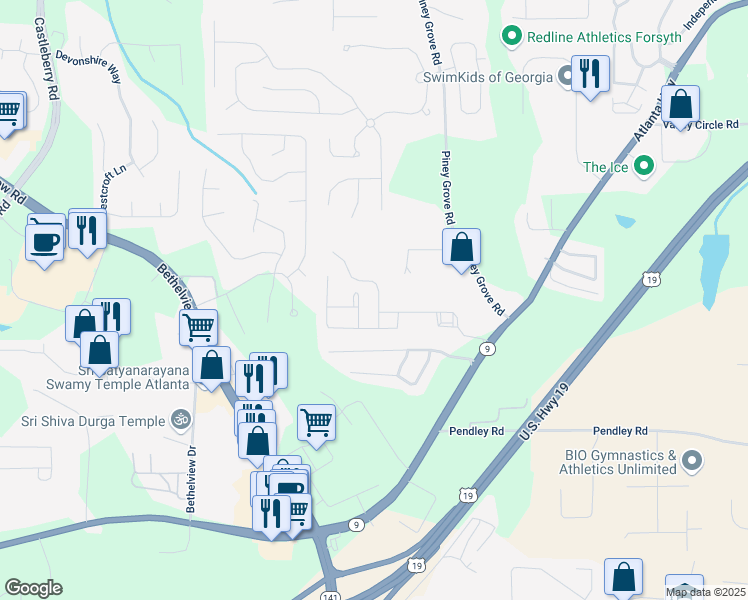 map of restaurants, bars, coffee shops, grocery stores, and more near 2545 Gatewater Court in Cumming