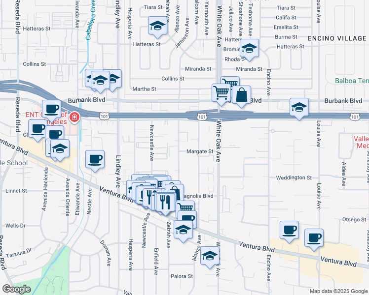map of restaurants, bars, coffee shops, grocery stores, and more near 5353 Yarmouth Avenue in Los Angeles
