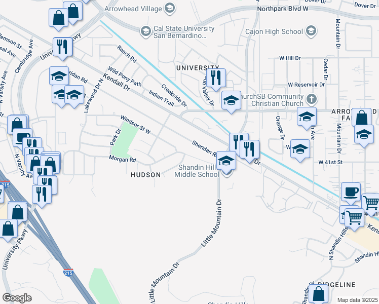 map of restaurants, bars, coffee shops, grocery stores, and more near 1446 Morgan Road in San Bernardino