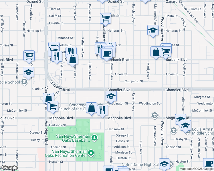 map of restaurants, bars, coffee shops, grocery stores, and more near 5406 Hazeltine Avenue in Los Angeles