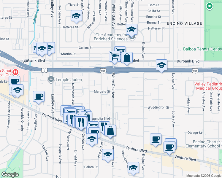 map of restaurants, bars, coffee shops, grocery stores, and more near 17711 Margate Street in Los Angeles