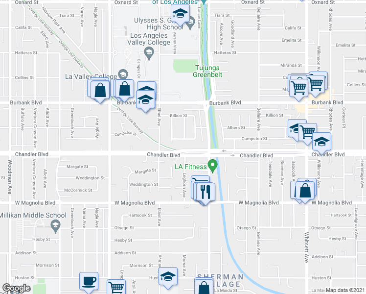 map of restaurants, bars, coffee shops, grocery stores, and more near 13001 Chandler Boulevard in Los Angeles