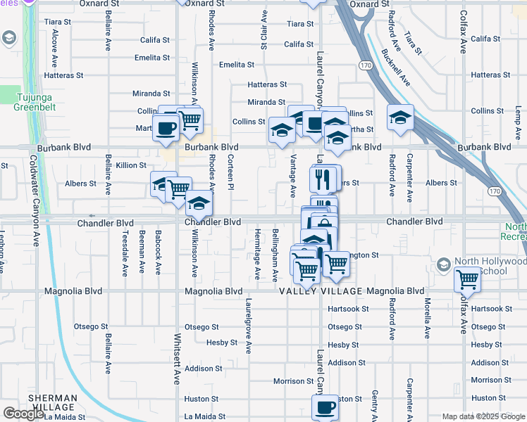 map of restaurants, bars, coffee shops, grocery stores, and more near 12245 Chandler Blvd in Valley Village