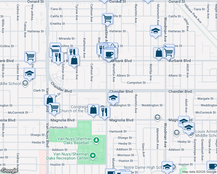 map of restaurants, bars, coffee shops, grocery stores, and more near 5406 Hazeltine Avenue in Los Angeles