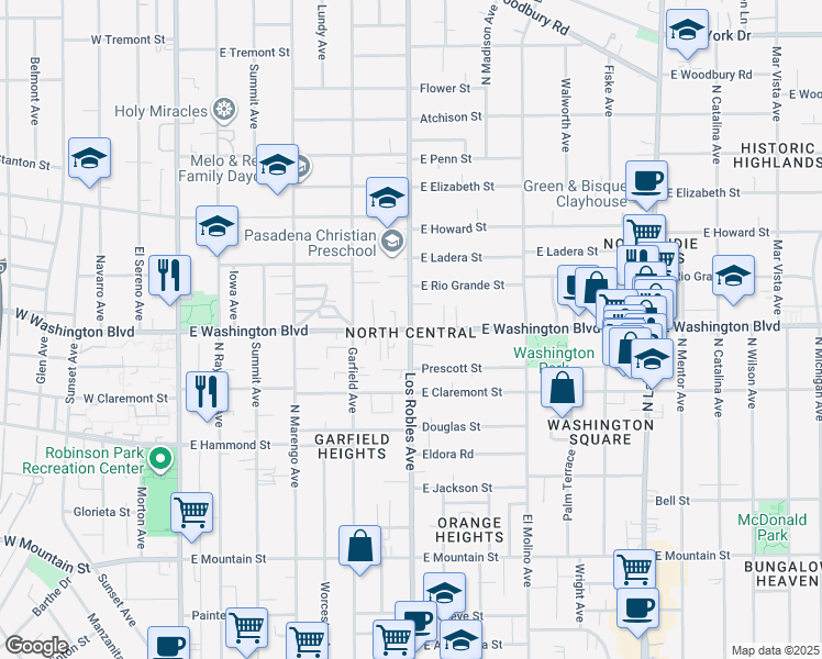 map of restaurants, bars, coffee shops, grocery stores, and more near E Washington Blvd & N Los Robles Ave in Pasadena
