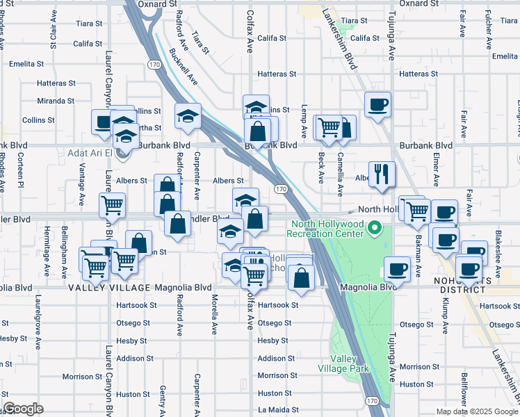 map of restaurants, bars, coffee shops, grocery stores, and more near 11683 Chandler Boulevard in Los Angeles