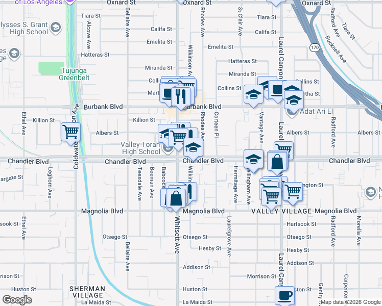 map of restaurants, bars, coffee shops, grocery stores, and more near 12419 Chandler Boulevard in Los Angeles
