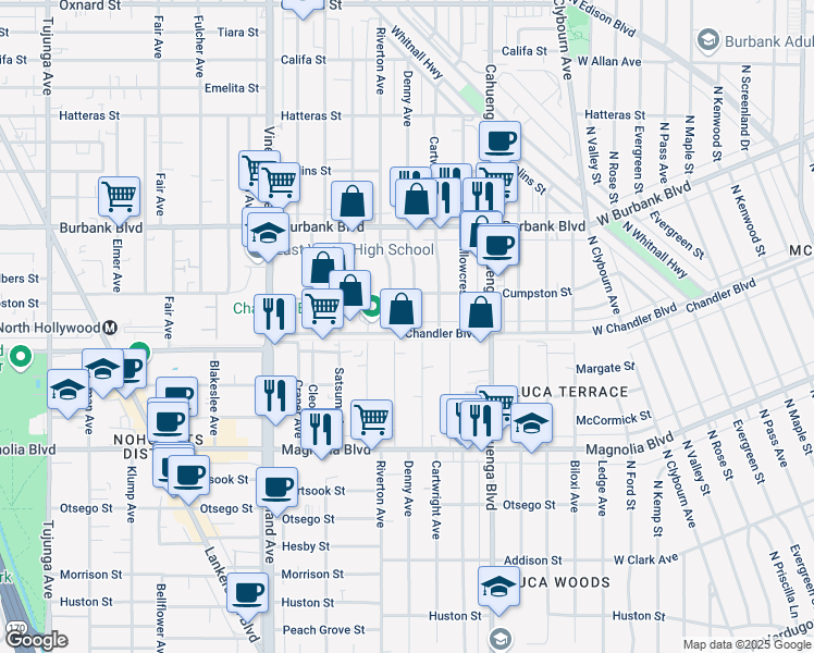 map of restaurants, bars, coffee shops, grocery stores, and more near 5356 Riverton Avenue in Los Angeles