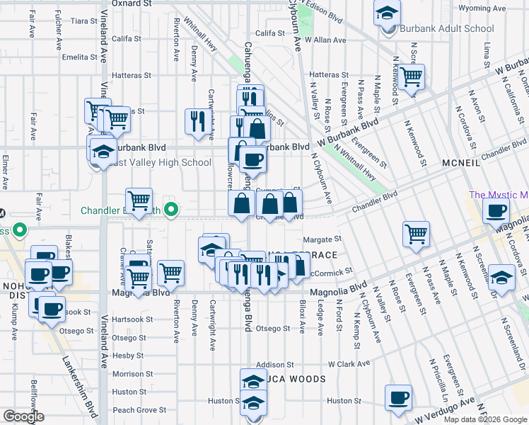 map of restaurants, bars, coffee shops, grocery stores, and more near 5407 Auckland Avenue in Los Angeles