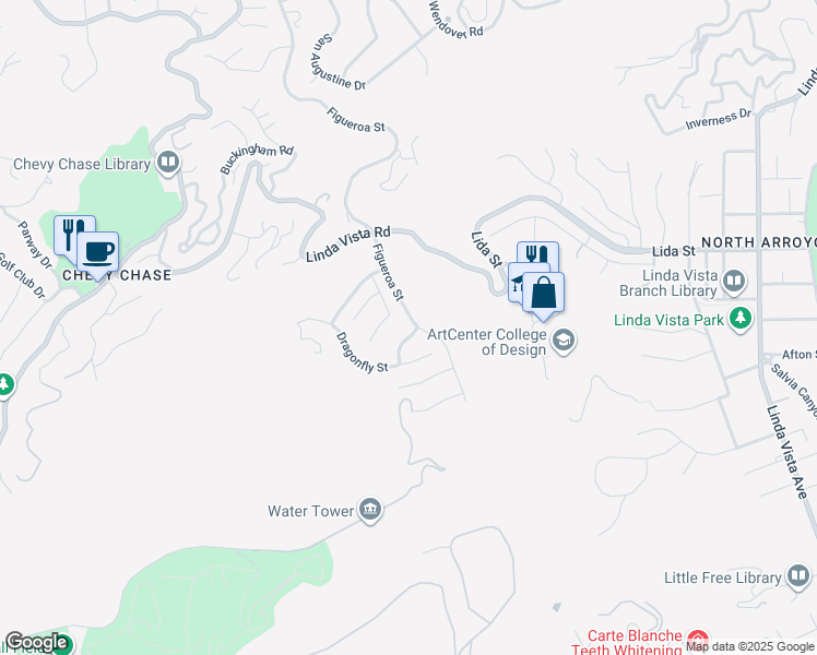 map of restaurants, bars, coffee shops, grocery stores, and more near 3537 Foxglove Road in Glendale