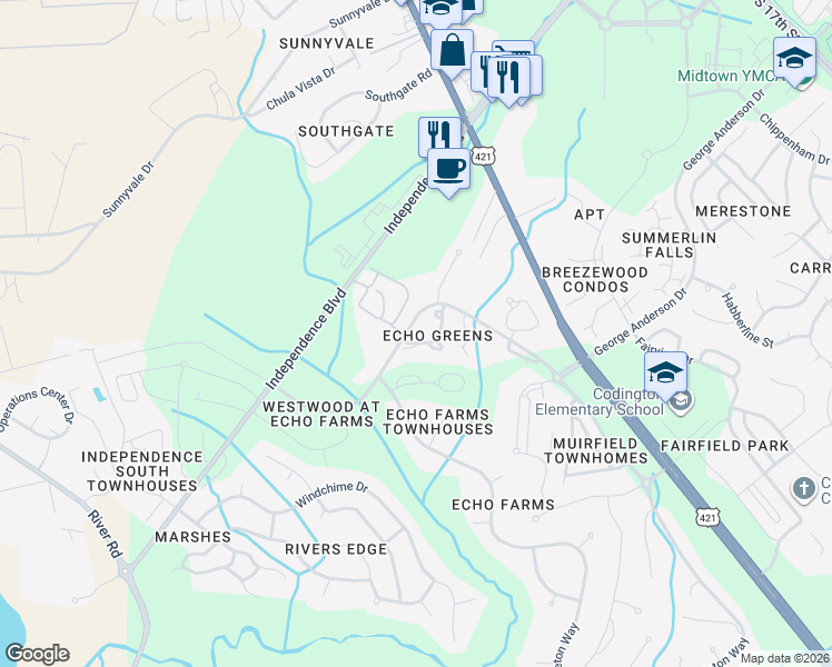 map of restaurants, bars, coffee shops, grocery stores, and more near 3972 Echo Farms Boulevard in Wilmington