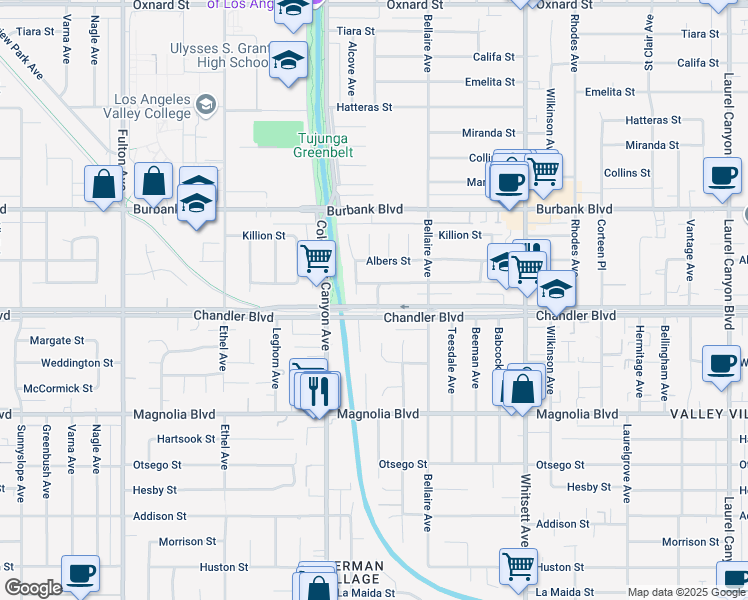 map of restaurants, bars, coffee shops, grocery stores, and more near 12769 Chandler Boulevard in Los Angeles