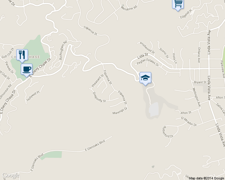 map of restaurants, bars, coffee shops, grocery stores, and more near 3537 Foxglove Road in Glendale