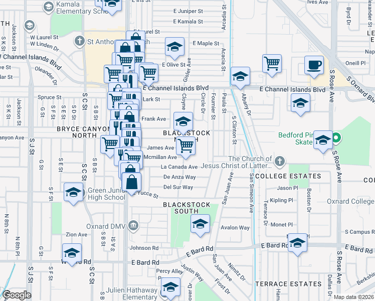 map of restaurants, bars, coffee shops, grocery stores, and more near 2235 Cloyne Street in Oxnard