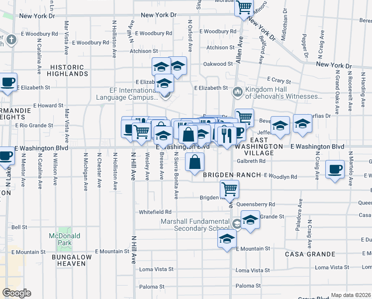 map of restaurants, bars, coffee shops, grocery stores, and more near 1308 North Sierra Bonita Avenue in Pasadena