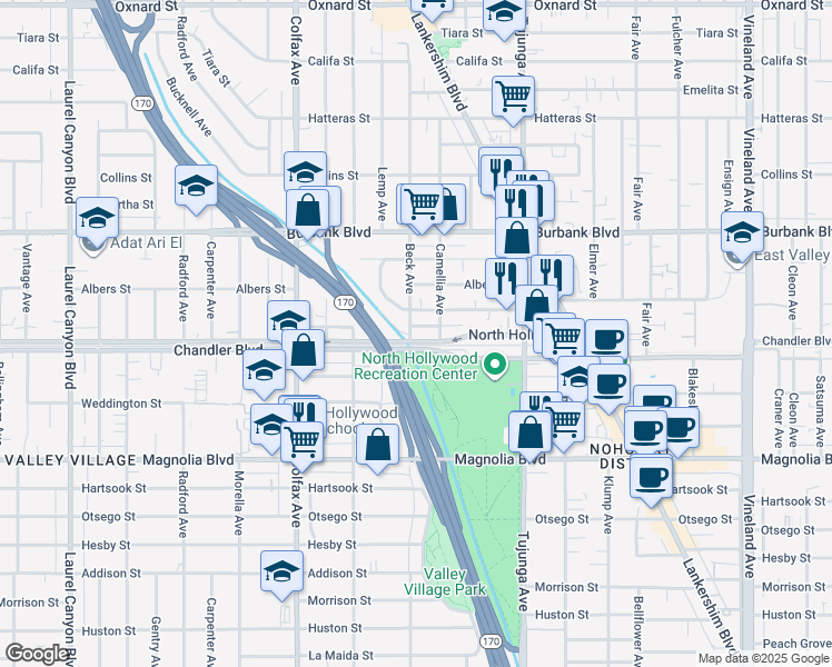 map of restaurants, bars, coffee shops, grocery stores, and more near 11525 Chandler Boulevard in Los Angeles